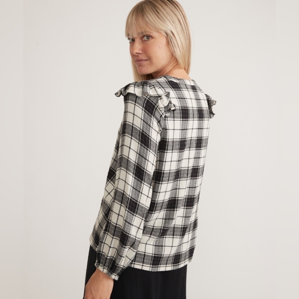 Marine Layer Jamie Gingham Ruffle Top XS black & white plaid gingham long sleeve - Picture 5 of 15